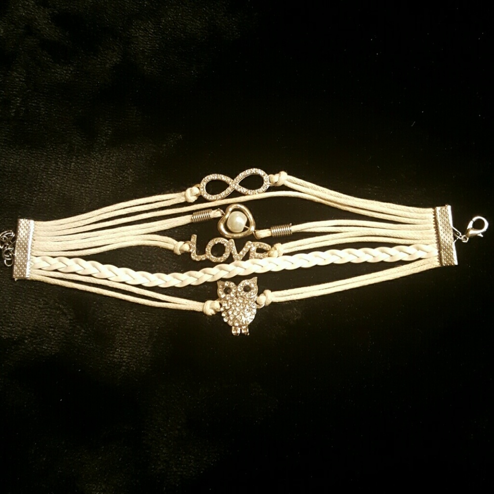 Multi charm rhinestone corded cuff bracelet